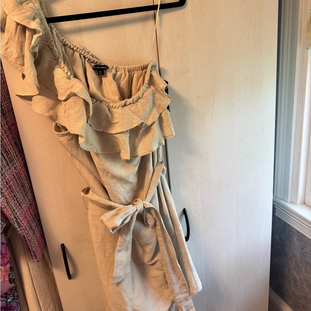 Boston Proper Beige Linen One Shoulder Dress